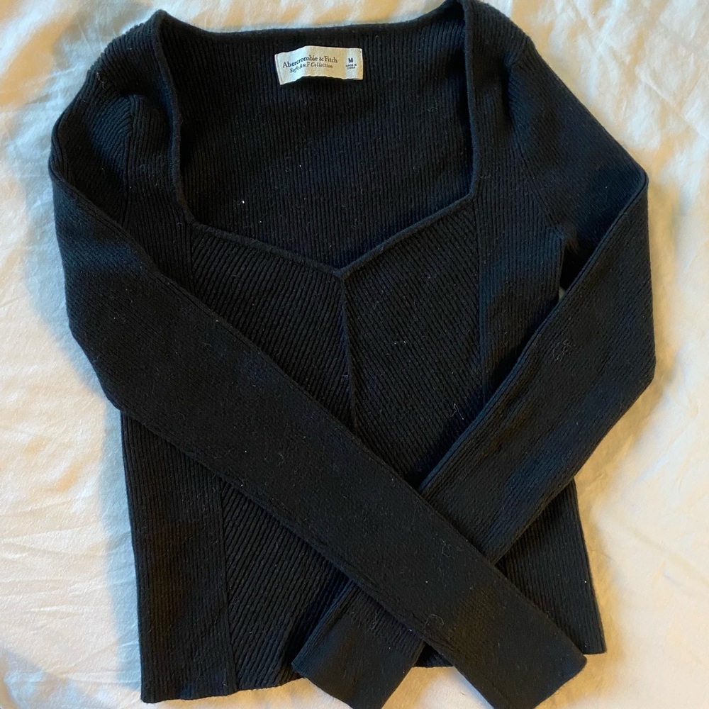 Abercrombie & Fitch Black Ribbed Long-Sleeve V-Neck Top